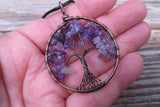 Large Tree of Life Stone Chip Copper Tone Necklace (Amethyst)