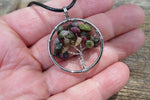Tree of Life Stone Chip Silver Tone Necklace (Pink Tourmaline)