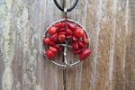 Tree of Life Stone Chip Silver Tone Necklace (Red Coral)