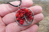 Tree of Life Stone Chip Silver Tone Necklace (Red Coral)