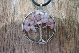 Tree of Life Stone Chip Silver Tone Necklace (Rose Quartz)