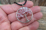 Tree of Life Stone Chip Silver Tone Necklace (Rose Quartz)