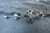 Gothic Cross Clear Zirconia Dangle Belly Ring