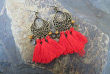 Red Bohemian Tribal Shield Tassel Earrings