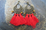 Red Bohemian Tribal Shield Tassel Earrings