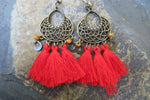 Red Bohemian Tribal Shield Tassel Earrings