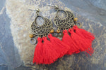 Red Bohemian Tribal Shield Tassel Earrings