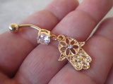 Hamsa Hand CZ Belly Ring (Gold)