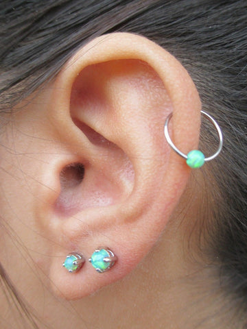 Steel Green Fire Opal Stone Bead CBR Ring Hoop 14G 16G Nose Cartilage Septum Lip Earring Piercing Silver