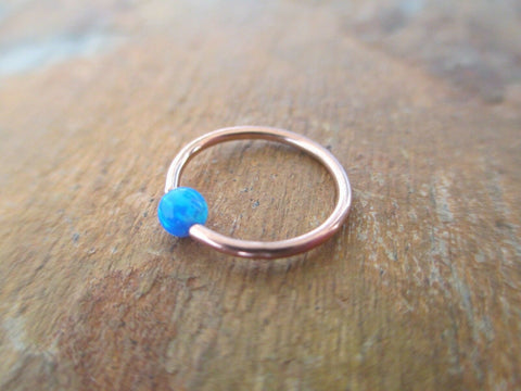 Rose Gold Blue Fire Opal Stone Bead CBR Ring Hoop 14G 16G 18G 20G Nose Cartilage Septum Lip Earring Piercing Steel