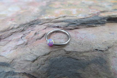 Steel Lavender Purple Fire Opal Stone Bead CBR Ring Hoop 14G (1.6mm) 16G (1.2mm) Nose Cartilage Septum Lip Earring Piercing Silver