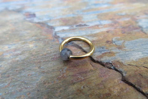 Natural Labradorite Stone Bead Gold CBR Ring Hoop 16G (1.2mm) 14G (1.6mm) Nose Cartilage Septum Lip Piercing Steel