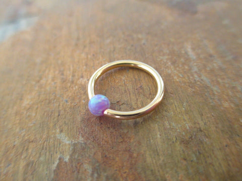 Gold Lavender Purple Fire Opal Stone Bead CBR Ring Hoop 14G (1.6mm) 16G (1.2mm) Nose Cartilage Septum Lip Earring Piercing Steel