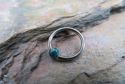 Steel Peacock Blue Fire Opal Stone Bead CBR Ring Hoop 14G 16G Nose Cartilage Septum Lip Earring Piercing Silver