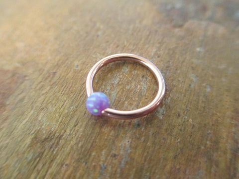 Rose Gold Lavender Purple Fire Opal Stone Bead CBR Ring Hoop 14G (1.6mm) 16G (1.2mm) Nose Cartilage Septum Lip Earring Piercing Steel