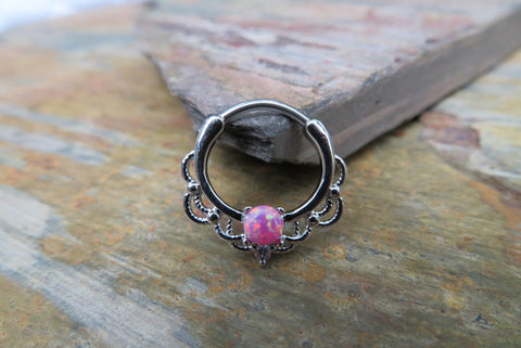 Silver Pink Fire Opal Stone Septum Clicker Ring Hoop 16G Nose Daith Cartilage Earring Piercing