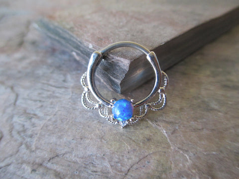 Silver Blue Fire Opal Stone Septum Clicker Ring Hoop 16G Nose Daith Cartilage Earring Piercing