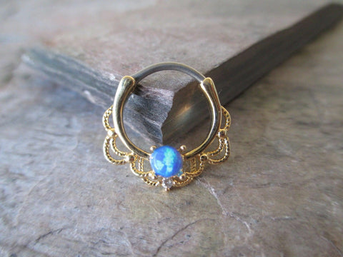 Gold Blue Fire Opal Stone Septum Clicker Ring Hoop 16G Nose Daith Cartilage Earring Piercing