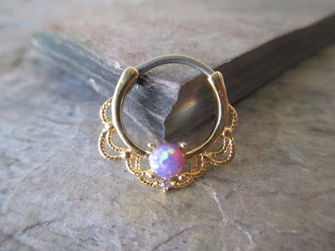 Gold Purple Fire Opal Stone Septum Clicker Ring Hoop 16G Nose Daith Cartilage Earring Piercing