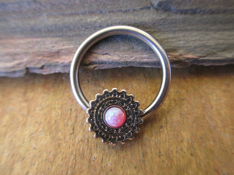 Mandala Pink Opal 14G (1.6mm) CBR Ring Hoop Septum Conch Cartilage Earring Piercing Silver