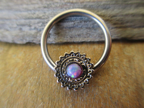 Mandala Purple Opal 14G (1.6mm) CBR Ring Hoop Septum Conch Cartilage Earring Piercing Silver