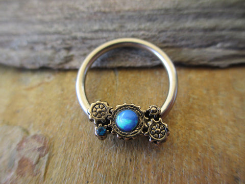 Blue Opal Steampunk 14G (1.6mm) CBR Ring Made with Swarvoski Crystals Hoop Septum Conch Cartilage Earring Piercing Silver