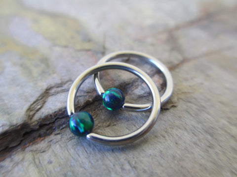 Steel Navy Blue Green Fire Opal Stone Bead CBR Ring Hoop 14G 16G 18G 20G Nose Cartilage Septum Lip Earring Piercing Silver