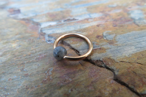 Natural Labradorite Stone Bead Rose Gold CBR Ring Hoop 16G (1.2mm) 14G (1.6mm) Nose Cartilage Septum Lip Piercing Steel