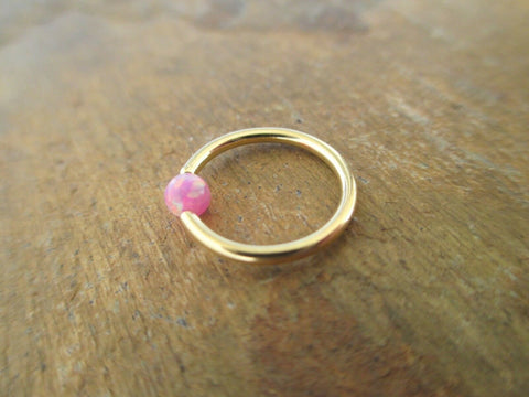 Gold Pink Fire Opal Stone Bead CBR Ring Hoop 14G 16G 18G 20G Nose Cartilage Septum Lip Earring Piercing Steel