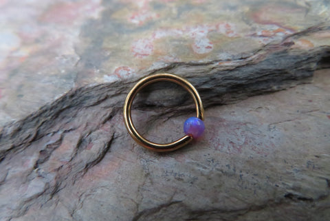 Gold Vivid Violet Fire Opal Stone Bead CBR Ring Hoop 14G (1.6mm) 16G (1.2mm) Nose Cartilage Septum Lip Earring Piercing Purple Steel