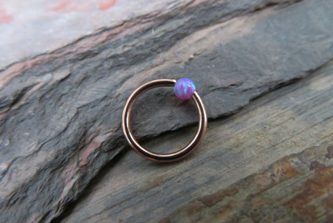 Rose Gold Vivid Violet Fire Opal Stone Bead CBR Ring Hoop 14G (1.6mm) 16G (1.2mm) Nose Cartilage Septum Lip Earring Piercing Purple Steel