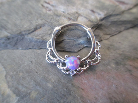 Silver Purple Fire Opal Stone Septum Clicker Ring Hoop 16G Nose Daith Cartilage Earring Piercing