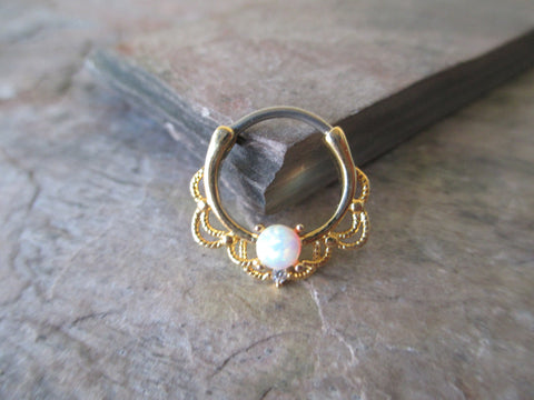 Gold White Fire Opal Stone Septum Clicker Ring Hoop 16G Nose Daith Cartilage Earring Piercing