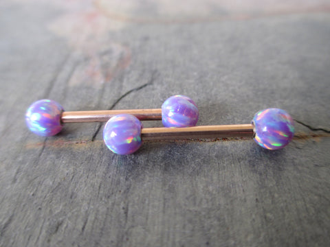 Rose Gold Lavender Purple Lilac Fire Opal Stone Nipple Tongue Ring Barbells Bars 14G (1.6mm) Piercings