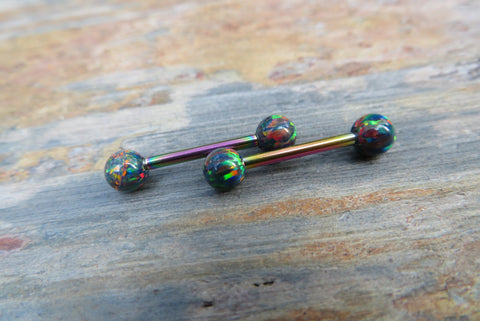 Rainbow Titanium IP Autumn Fire Opal Stone Nipple Tongue Ring Barbells Bars 14G (1.6mm) Piercings