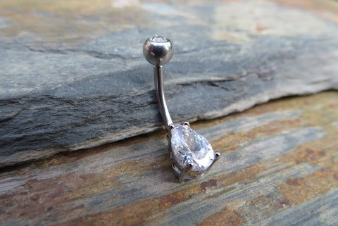 Silver Teardrop Pear Shape Belly Navel Ring Barbells Bars 14G (1.6mm) with Miyuki Glass Bead Piercing Piercings