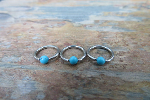 Natural Turquoise Howlite Stone Bead Steel CBR Ring Hoop 16G (1.2mm) 14G (1.6mm) Nose Cartilage Septum Lip Piercing Silver