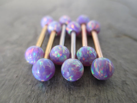 Gold Lavender Purple Lilac Fire Opal Stone Nipple Tongue Ring Barbells Bars 14G (1.6mm) Piercings