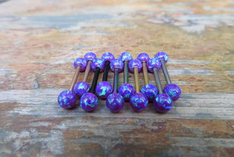 Steel Vivid Violet Fire Opal Stone Nipple Tongue Ring Barbells Bars 14G (1.6mm) Piercings Purple