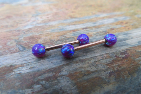 Rose Gold Vivid Violet Fire Opal Stone Nipple Tongue Ring Barbells Bars 14G (1.6mm) Piercings Purple