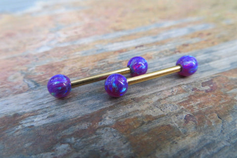 Gold Vivid Violet Fire Opal Stone Nipple Tongue Ring Barbells Bars 14G (1.6mm) Piercings Purple