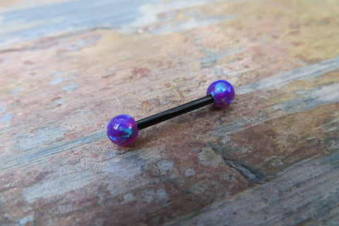 Black Titanium IP Vivid Violet Fire Opal Stone Nipple Tongue Ring Barbells Bars 14G (1.6mm) Piercings Purple