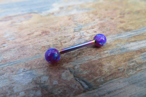 Rainbow Titanium IP Vivid Violet Fire Opal Stone Nipple Tongue Ring Barbells Bars 14G (1.6mm) Piercings Purple