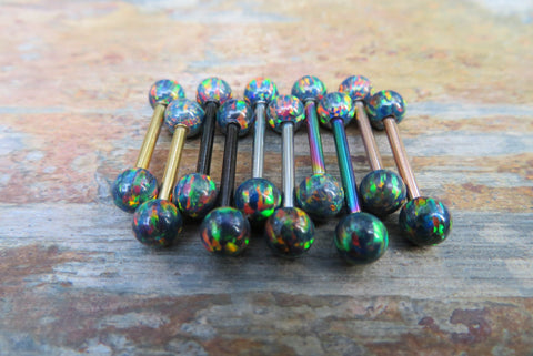 Black Titanium IP Autumn Fire Opal Stone Nipple Tongue Ring Barbells Bars 14G (1.6mm) Piercings