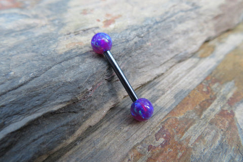 Blue Titanium IP Barbell Vivid Violet Fire Opal Stone Nipple Tongue Ring Barbells Bars 14G (1.6mm) Piercings Purple